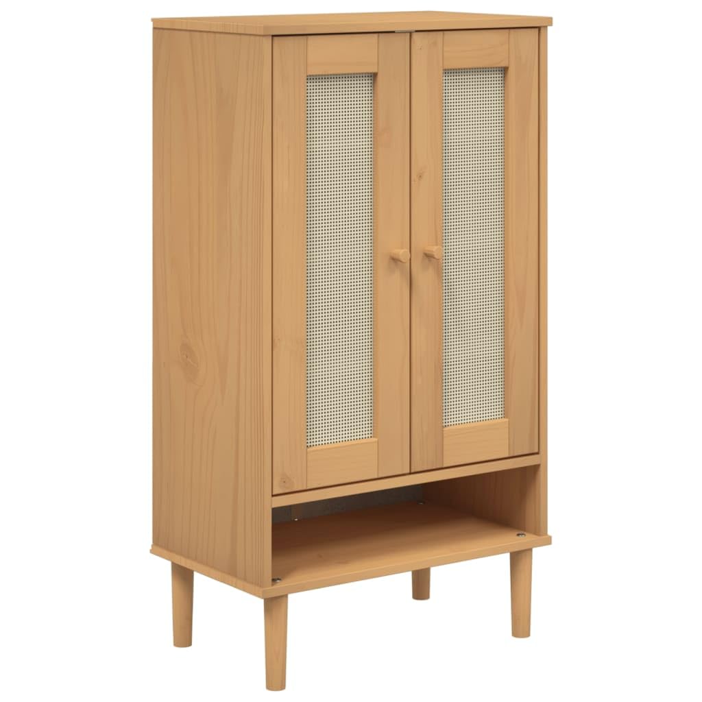 vidaXL Solid Pinewood Shoe Cabinet - SENJA Rattan Look Design - with 5 Compartments and 2 Doors - Spacious Storage, Brown