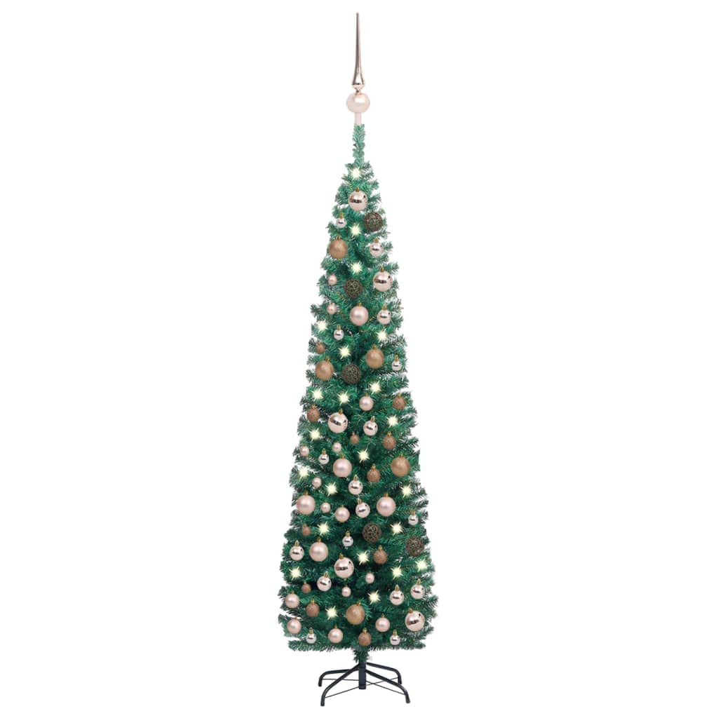 vidaXL 82.7&quot; Slim Green Artificial Christmas Tree with LED Lights and Rose Gold Ball Set – PVC Material, Sturdy Steel Feet, USB Connectivity for Easy Lighting, Reusable Design for Yearly Use