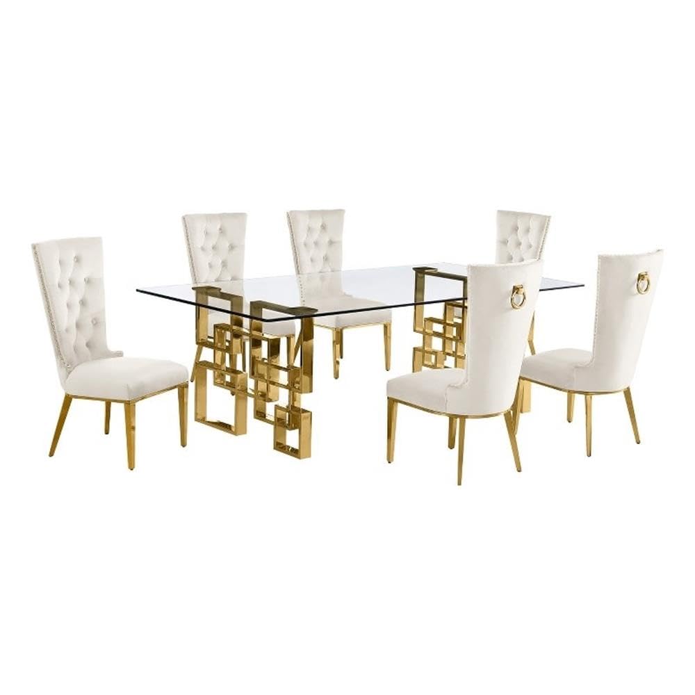Best Quality Furniture D224-6Sc334 Dining, 7-Piece Set, Cream/Gold