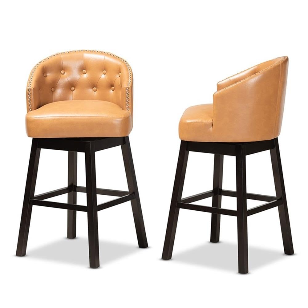 Baxton Studio Theron Modern and Contemporary Transitional Tan Faux Leather Upholstered and Dark Brown Finished Wood 2-Piece Swivel Bar Stool Set