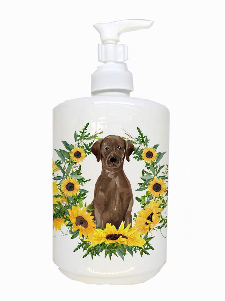 Caroline's Treasures CK2921SOAP Chocolate Labrador Retriever in Sunflowers Ceramic Soap Dispenser Hand Soap Dispenser Pump Bottl