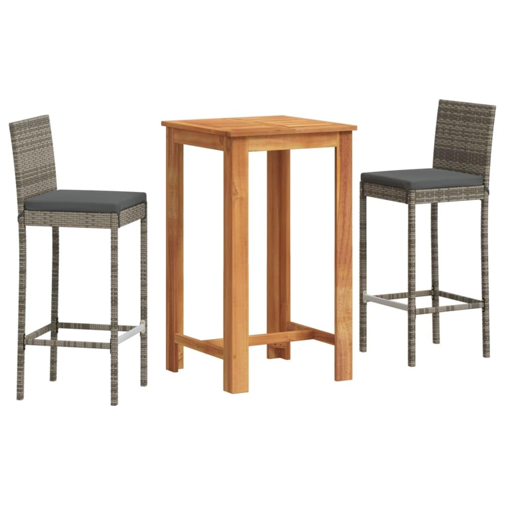 vidaXL 3-Piece Patio Bar Set - Gray PE Rattan Bar Stools, Solid Acacia Wood Table, Removable Cushions for Garden & Outdoor Use