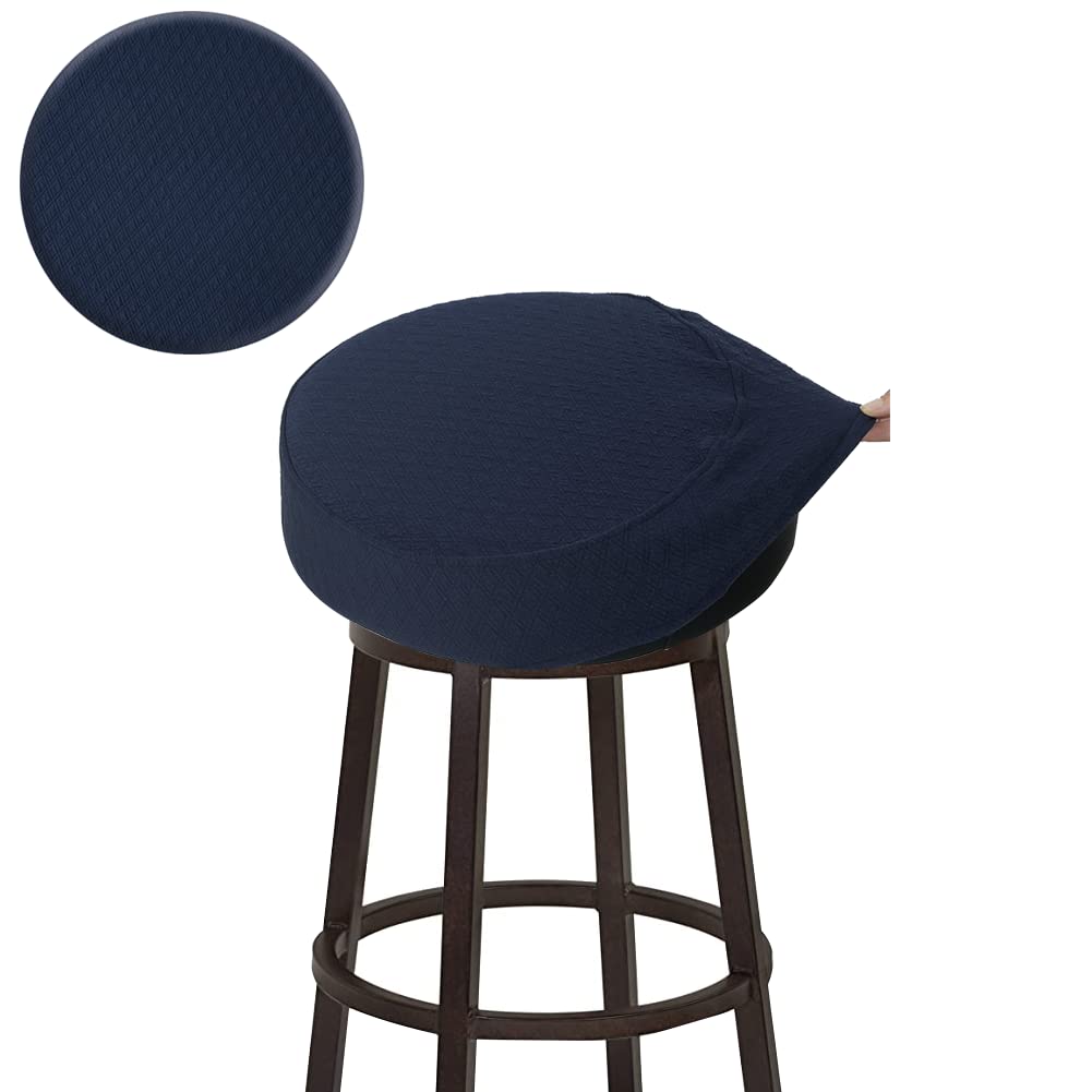 Buyue Bar Stool Covers, Luxury Fabric Dia.12-14' Round Crease-Resistant Stretchy Washable Jacquard Dustproof Stool Seat Slipcover, S-Navy Blue-1 Count