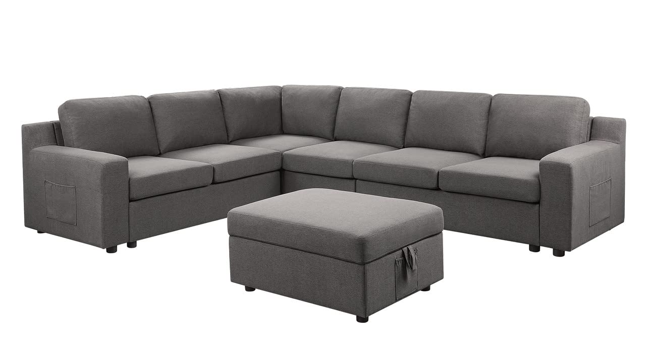 Lilola Home Waylon Gray Linen 7-Seater L-Shape Sectional Sofa with Storage Ottoman and Pockets