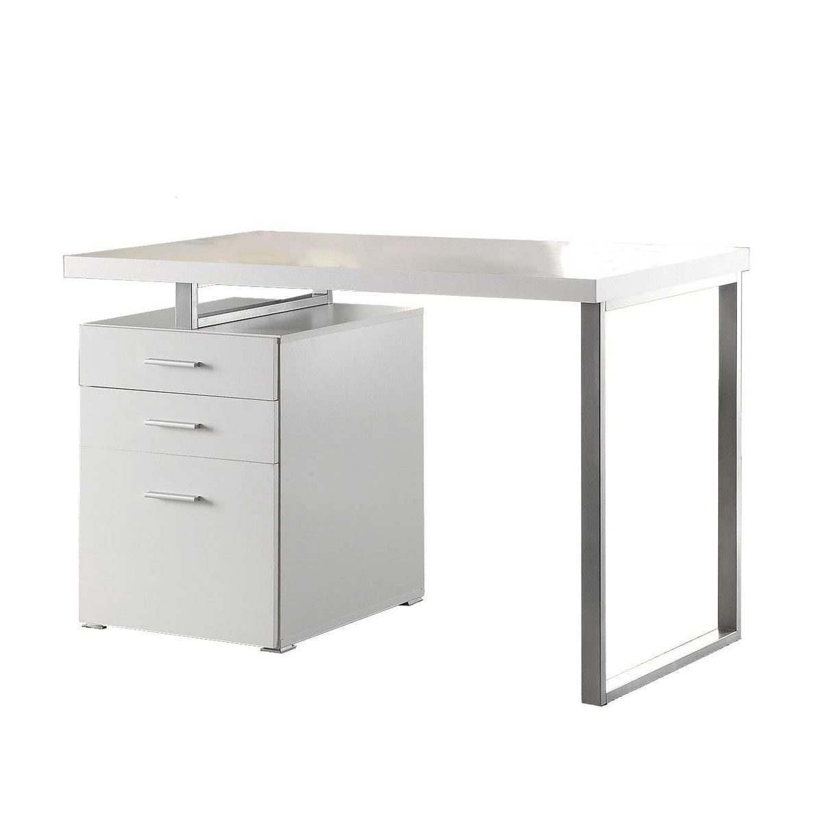 Coaster Home Furnishings Brennan Modern Contemporary Home Office 3-Drawer Writing Desk with Drawers Computer Desk Study Table File Cabinet Storage Silver Metal Frame White 800325