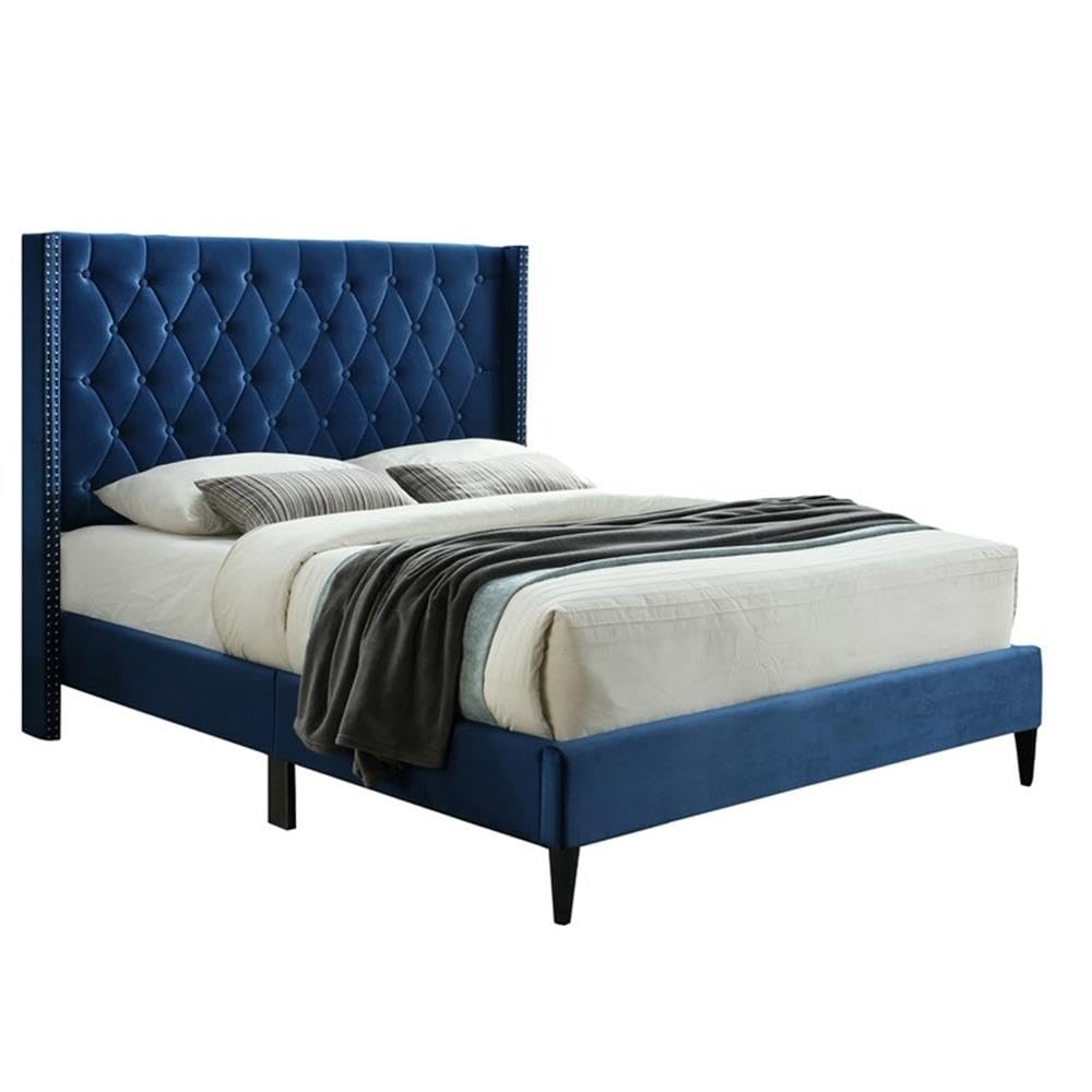 Better Home Products Amelia Velvet Tufted Queen Platform Bed in Blue