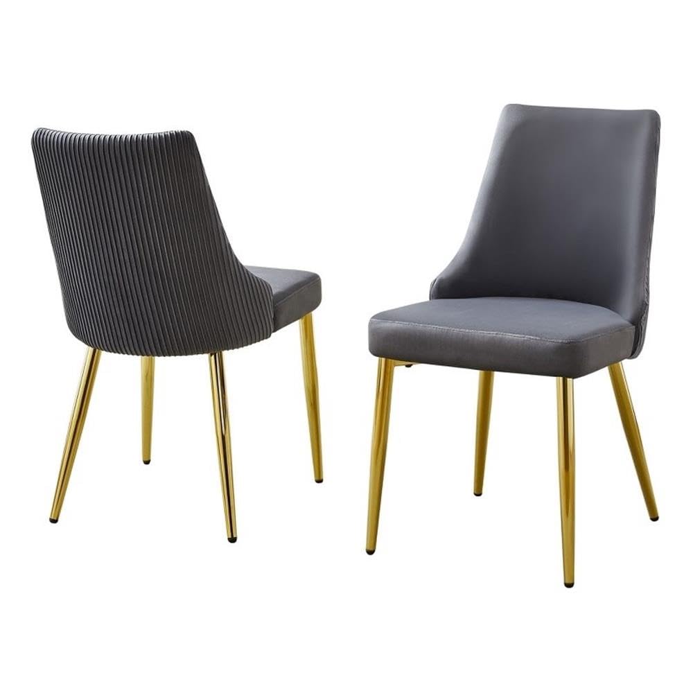 Set Of 2 Velvet Side Chairs In Dark Gray And Pleated Back