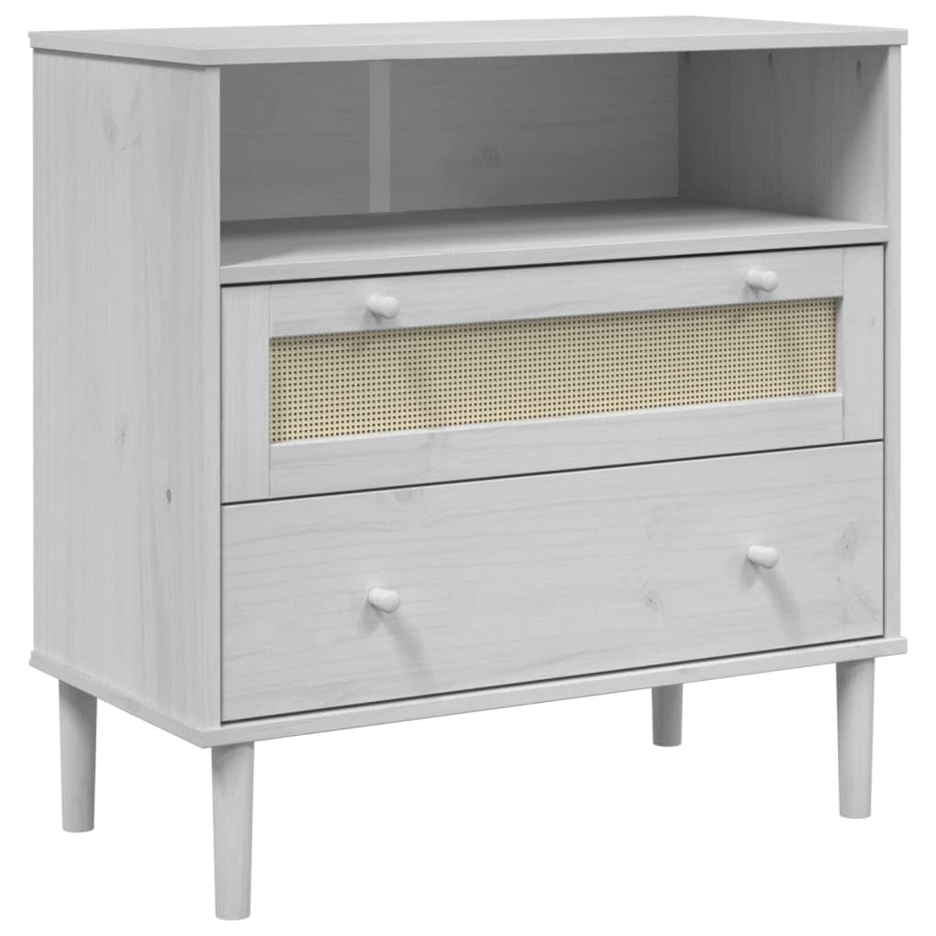 vidaXL Solid Pine Wood Sideboard with Rattan Surface and UV Varnished Finish - White, Ample Storage Space, Sturdy Construction.