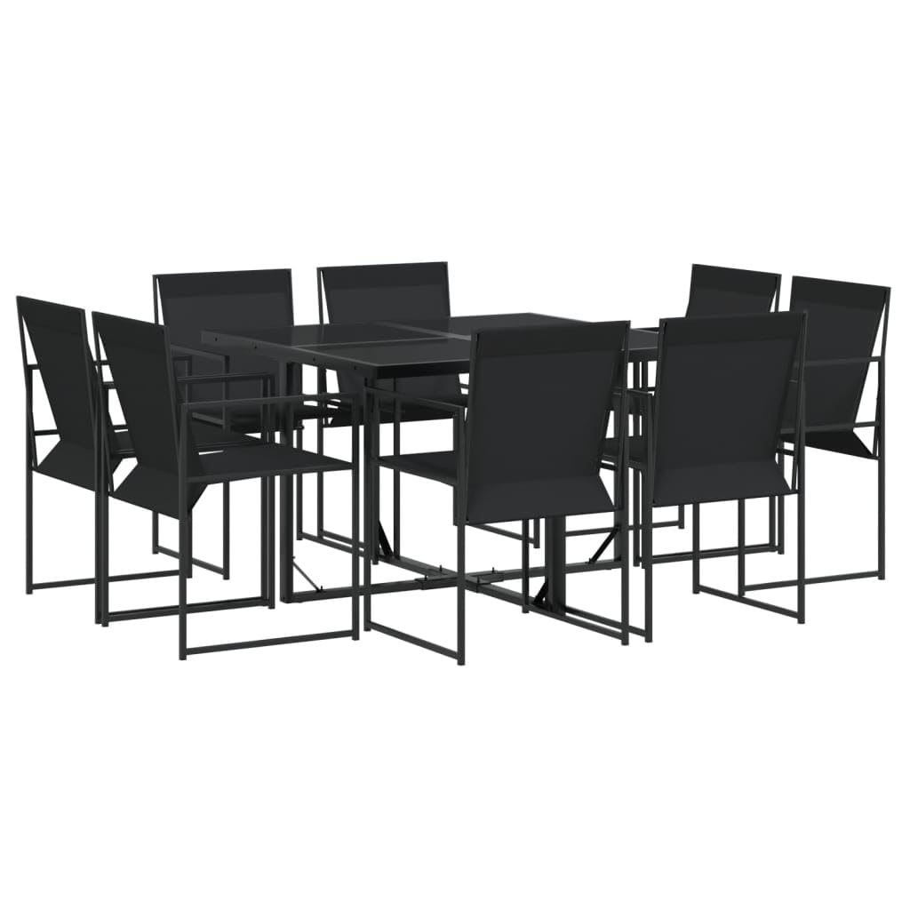 vidaXL 9 Piece Patio Dining Set - Outdoor Tempered Glass Table and 8 Black Textilene Chairs - Folding Chairs with Steel Frame