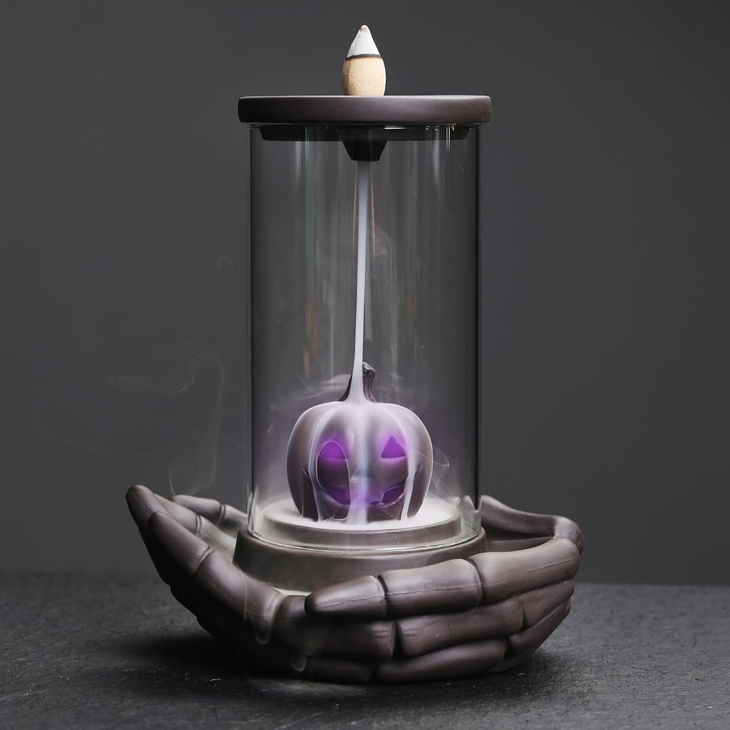 HaisWonsa Pumpkin Incense Burner Holder - Backflow Waterfall Cone Incense Holder, LED Ceramic Unique Claw Incense Burner with 15