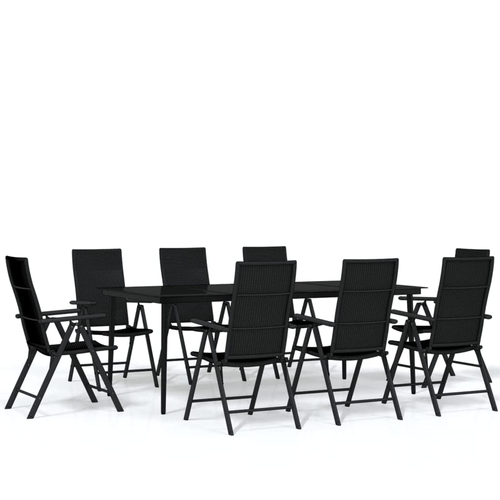 vidaXL 9-Piece Outdoor Patio Dining Set with Glass Tabletop and Reclining Chairs, Black