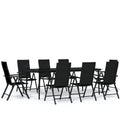 vidaXL 9-Piece Outdoor Patio Dining Set with Glass Tabletop and Reclining Chairs, Black