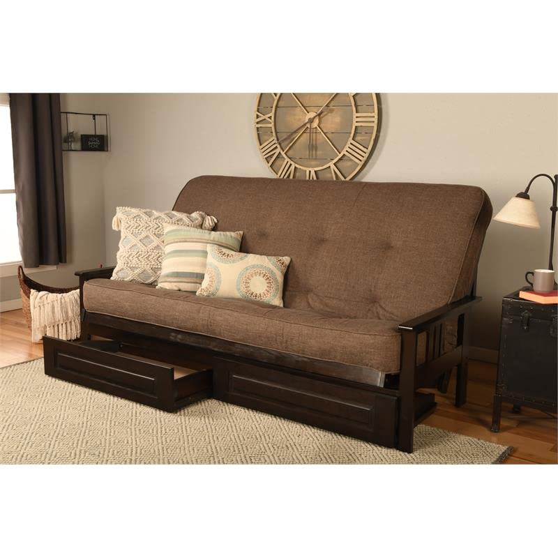 Kodiak Furniture Monterey Queen Espresso Wood Storage Futon-Linen Cocoa Mattress