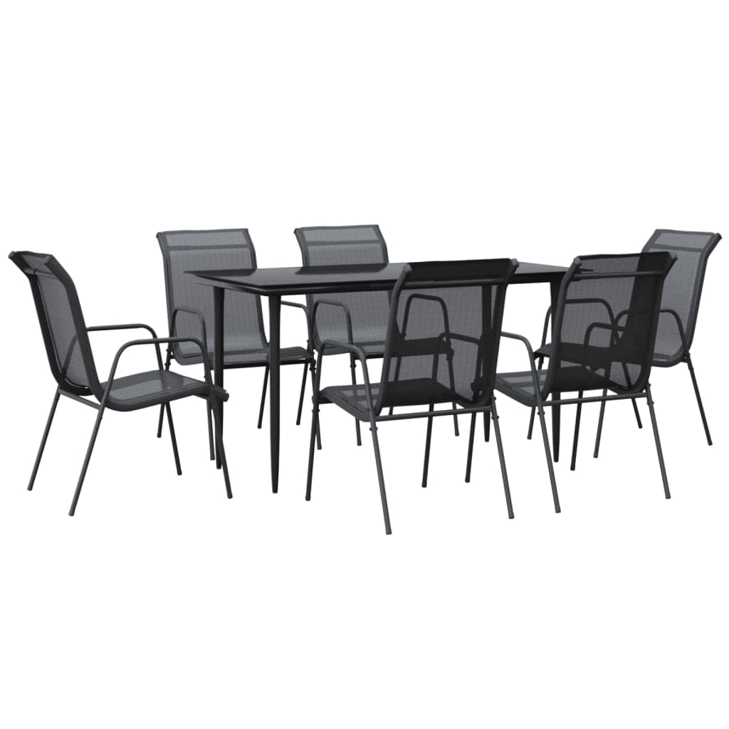 vidaXL 7 Piece Outdoor Dining Set- Black Powder-Coated Steel Frame with Textilene Chairs and Tempered Glass Tabletop for Garden and Patio