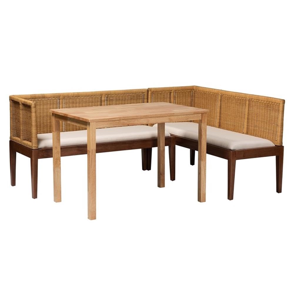 bali & pari Tabanan Brown Rattan and Brown Acacia Wood 3-Piece Dining Nook Set