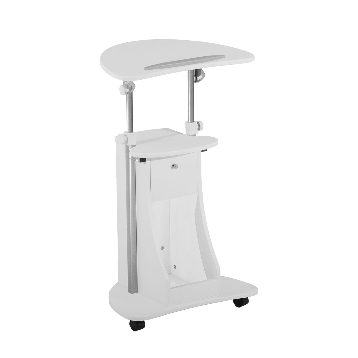 Techni Mobili Adjustable Height Rolling Laptop Cart with Storage, Sit to Stand Desk with Wheels, Podium Stand or Medical Cart, White