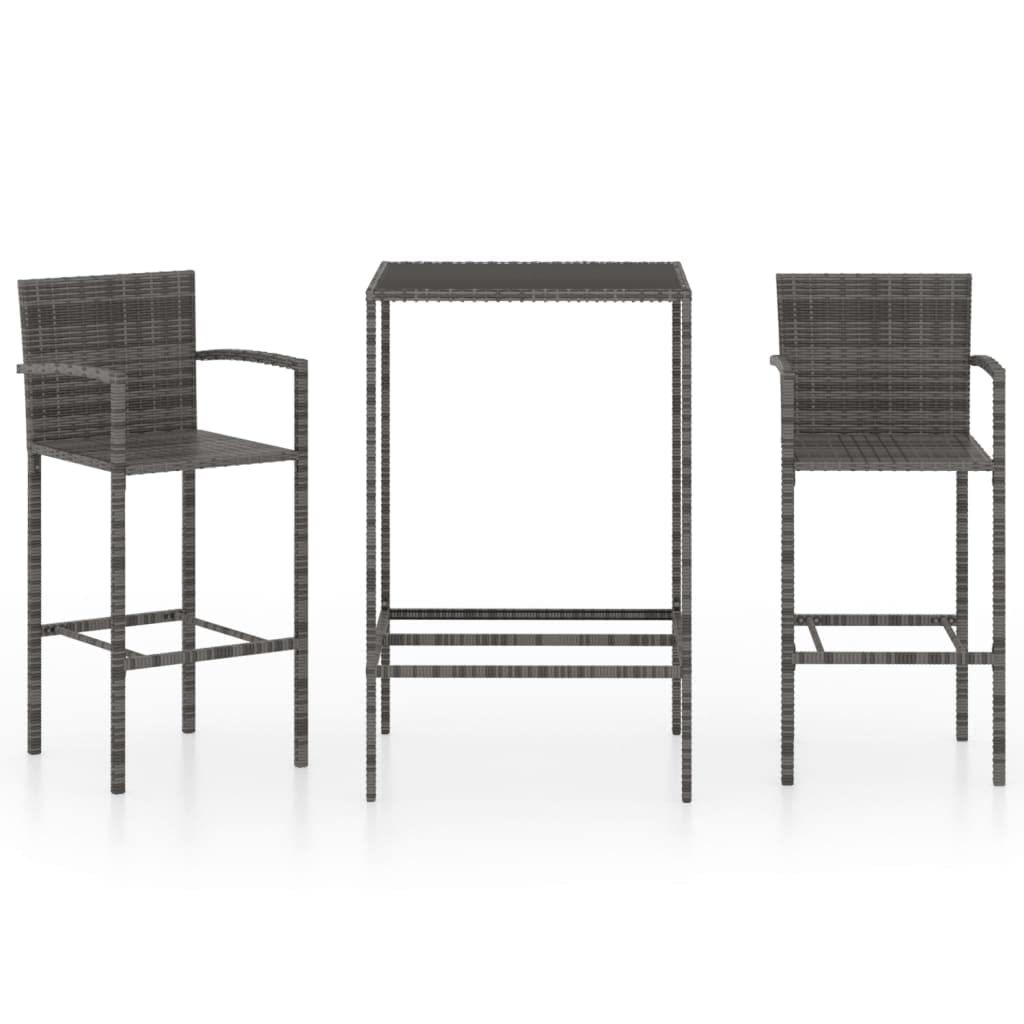 vidaXL - Modern 3-Piece Bar Set for Patio in Gray, Made from Durable Poly Rattan with Armrests and Footrest for Comfort, Easy-to-Clean Tempered Glass Tabletop
