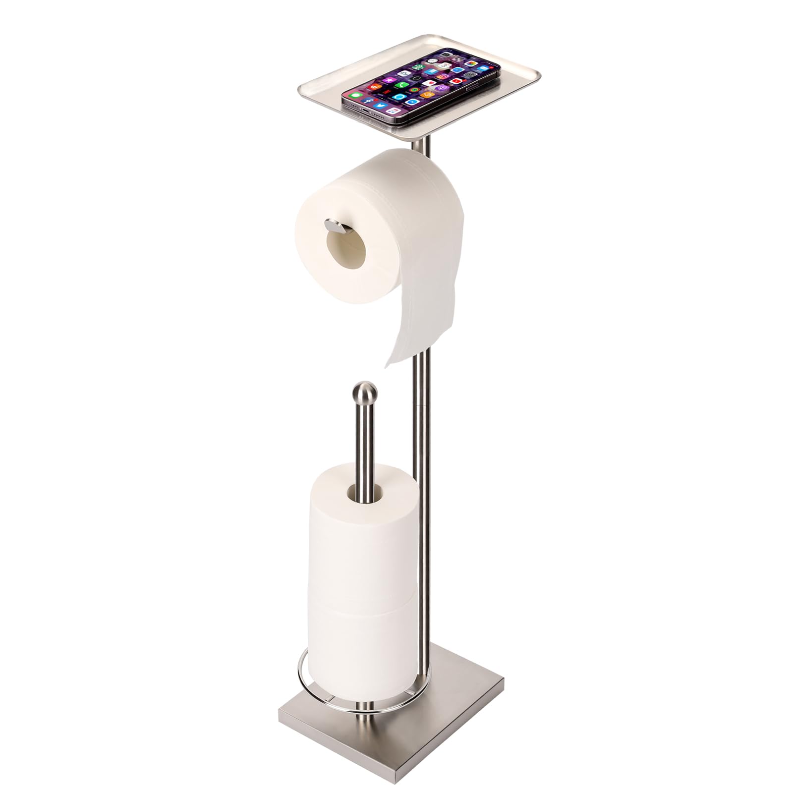 Sfemn Toilet Paper Holder with Tray at The Top, Heavy-Weighted Stainless Steel Base No Wobbly, Freestanding Toilet Paper Rolls S