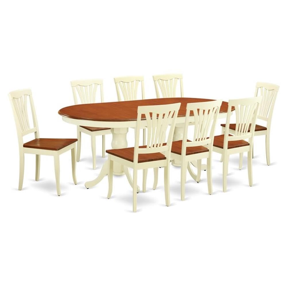 East West Furniture PLAV9-WHI-W 9 Piece Dining Set Includes an Oval Dining Room Table with Butterfly Leaf and 8 Wood Seat Chairs, 42x78 Inch, Buttermilk & Cherry