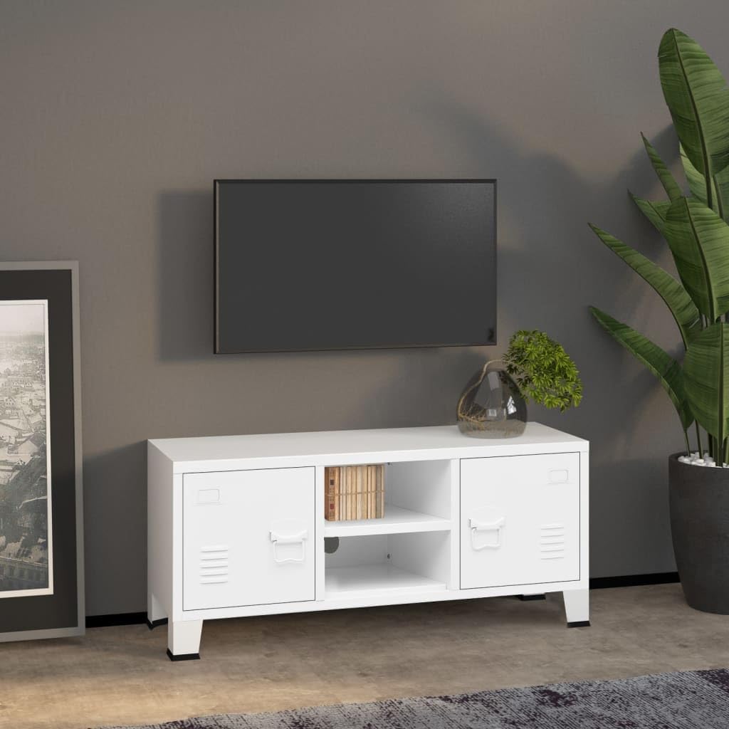 vidaXL White Pre-Assembled TV Cabinet, Industrial Metal TV Stand Unit with 2 Doors & 1 Shelf, Cable Management Design