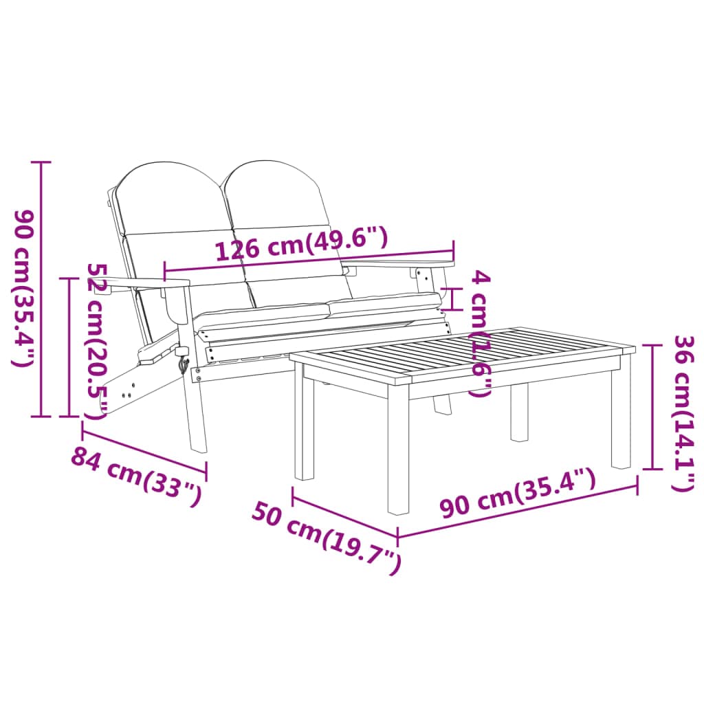 vidaXL Adirondack Style 4 Piece Patio Lounge Set, Solid Acacia Wood, Comprises of Chairs, Bench, Coffee Table with Cream White Cushions for Outdoor Garden