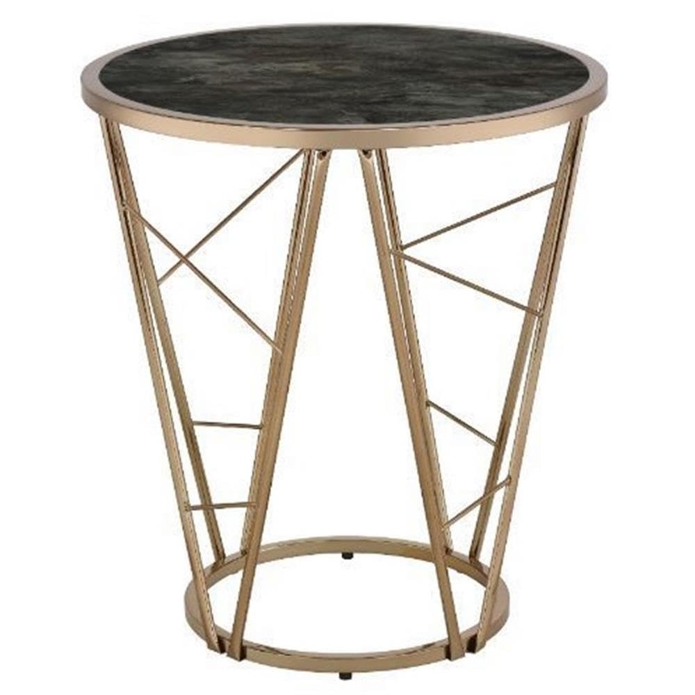 Acme Cicatrix Round Faux Marble Top End Table in Black and Champagne