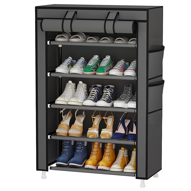 Calmootey 5 Tier Shoe Rack Organizer,Portable Shoe Shelf With Nonwoven Fabric Cover For Closet Hallway,Bedroom,Entryway,Grey