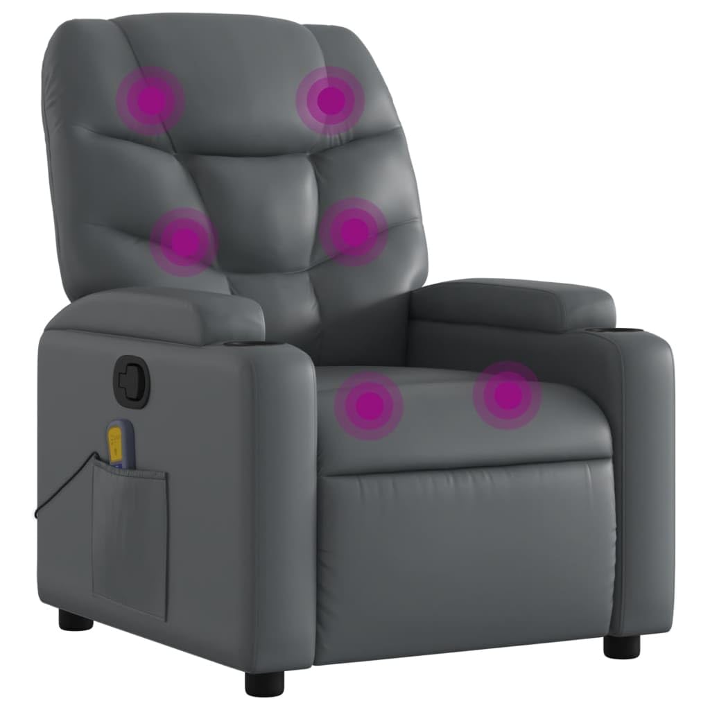 vidaXL Gray Leather Recliner Chair with 6-Point Vibration Massage, Adjustable Backrest & Footrest, Cup Holders, Side Pocket, Padded Seat, Perfect for Living Room or Home Theater Seating