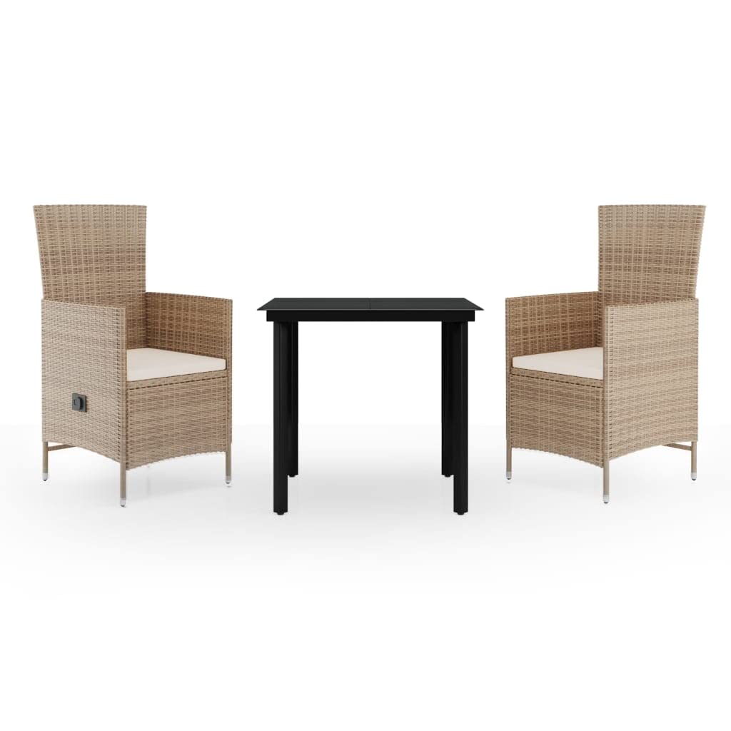 vidaXL 3-Piece Patio Dining Set – Beige Rattan Reclining Chairs with Cushions & Glass Table for Garden/Outdoor Lounge