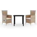 vidaXL 3-Piece Patio Dining Set – Beige Rattan Reclining Chairs with Cushions & Glass Table for Garden/Outdoor Lounge