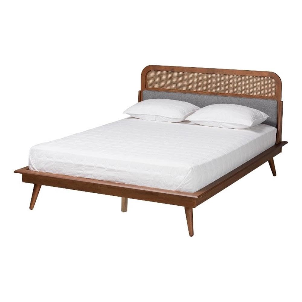 Baxton Studio Irina Mid-Century Modern Grey Fabric and Ash Walnut Finished Wood King Size Platform Bed