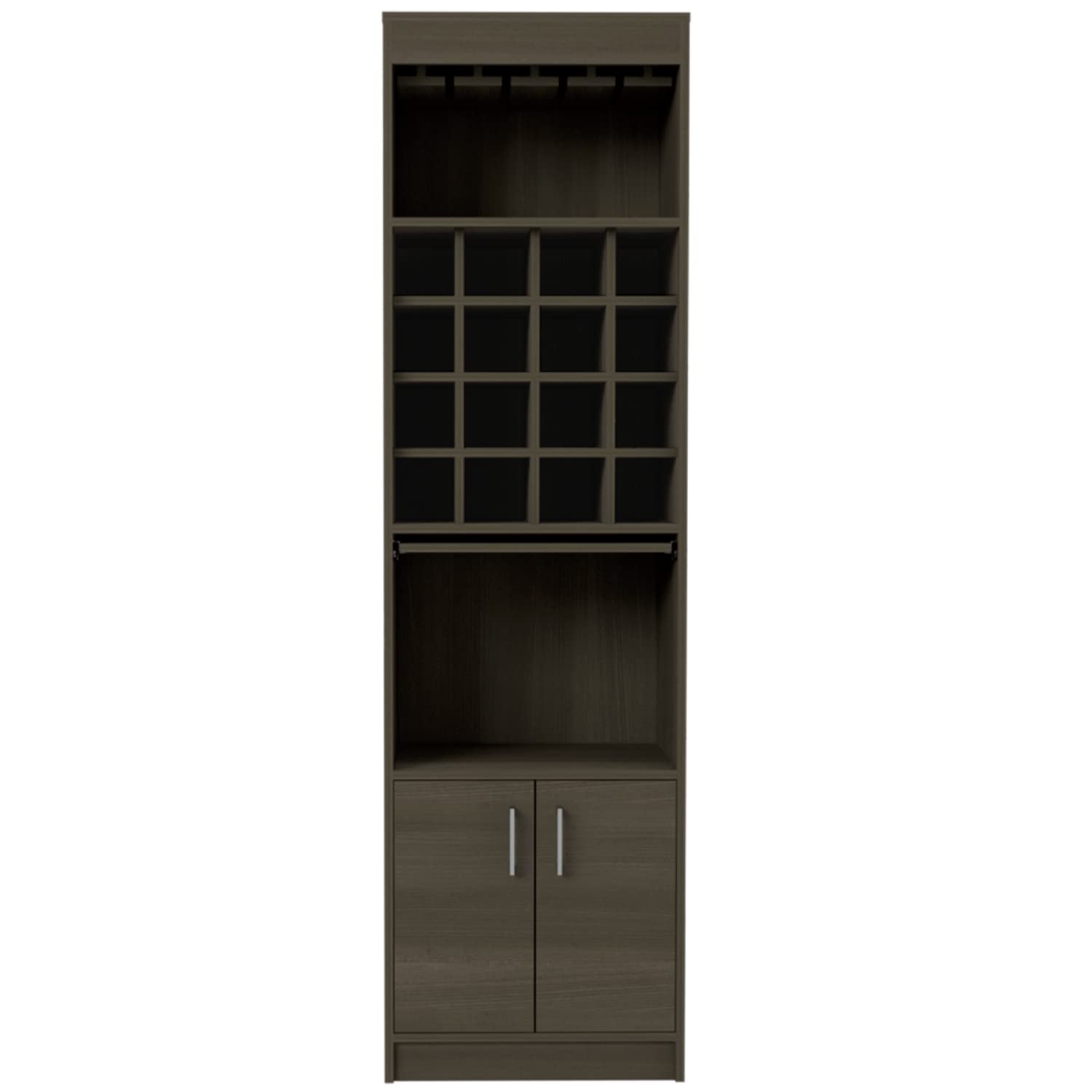 Soria Bar Cabinet with 16 Wine Cubbies, Open Shelf, Concealable Serving Tray, Glass Rack, and Double Door, Smokey Oak