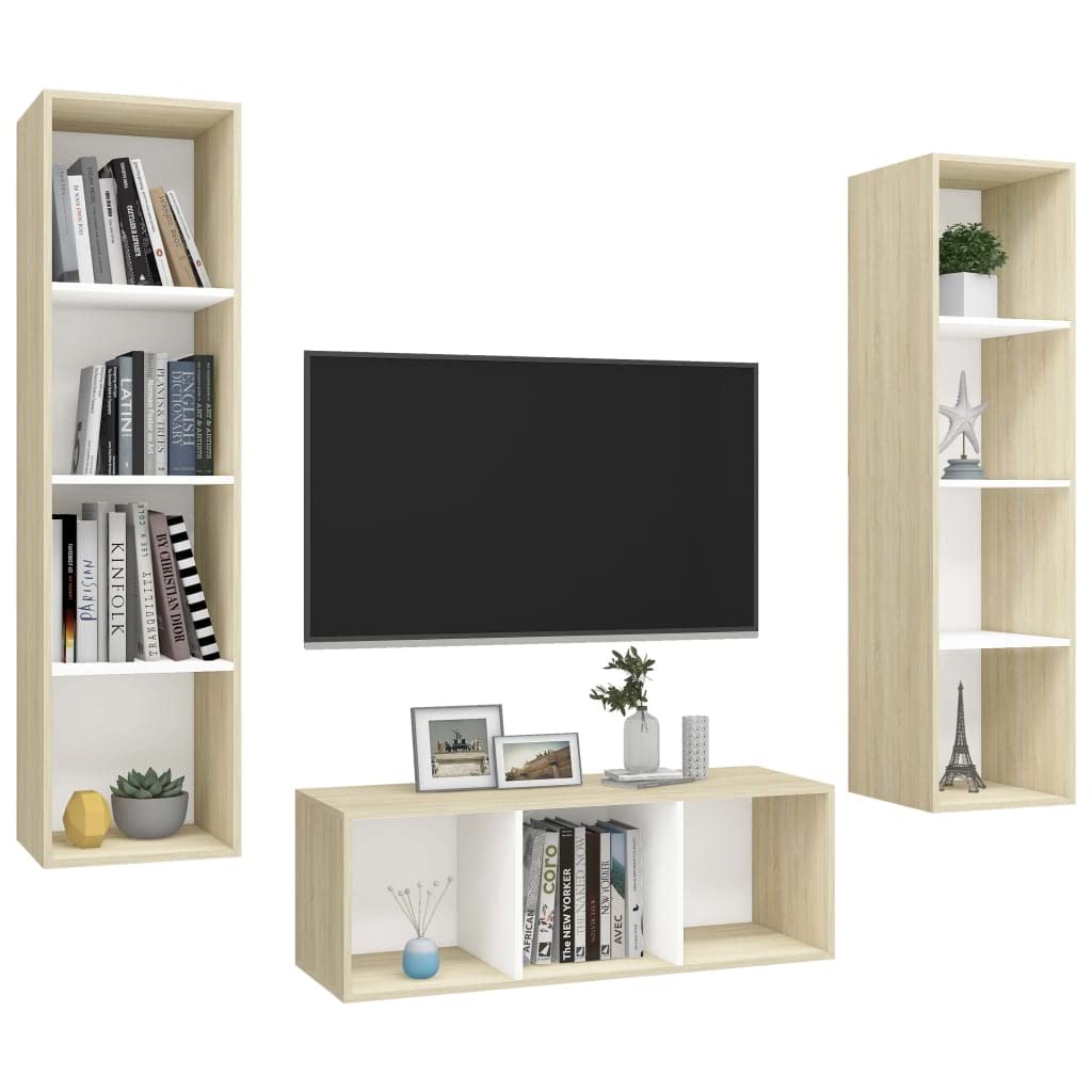 vidaXL Wall-Attachable 3 Piece TV Stand Set in White and Sonoma Oak | Spacious Storage | Cozy and Modern Design | Solid and Durable Engineered Wood