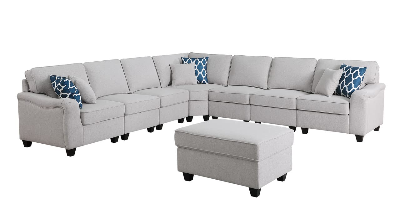 Lilola Home Leo Light Gray Linen 8Pc Modular L-Shape Sectional Sofa and Ottoman
