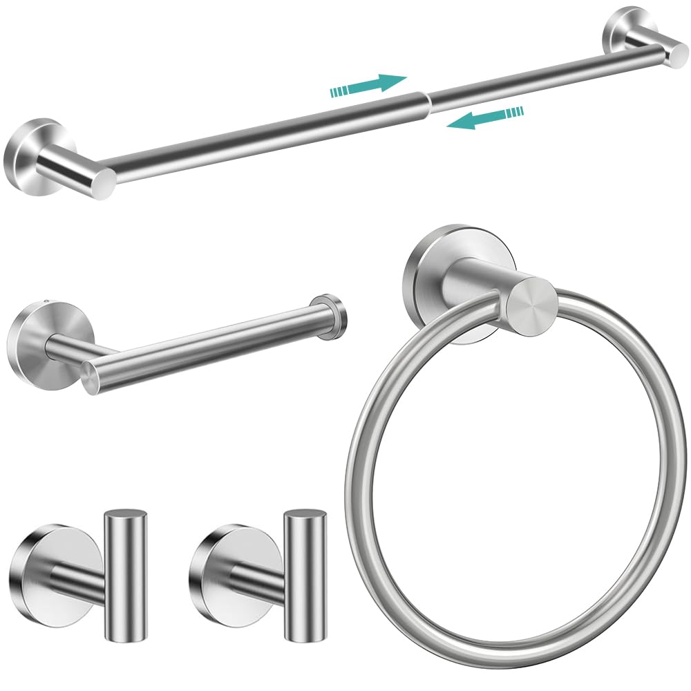 MGahyi 5 Pieces Bathroom Accessories Set, Stainless Bathroom Hardware Set, Extendable Towel Racks for Bathroom(12.8-24.8inch), R