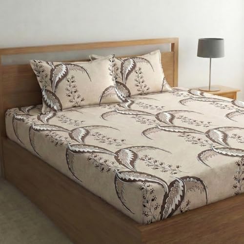 Home Sizzler 210 Tc Microfibre Abstract Feather Print Double Fitted Bedsheet (72X78 Inch) With 2 King Size Pillow Covers