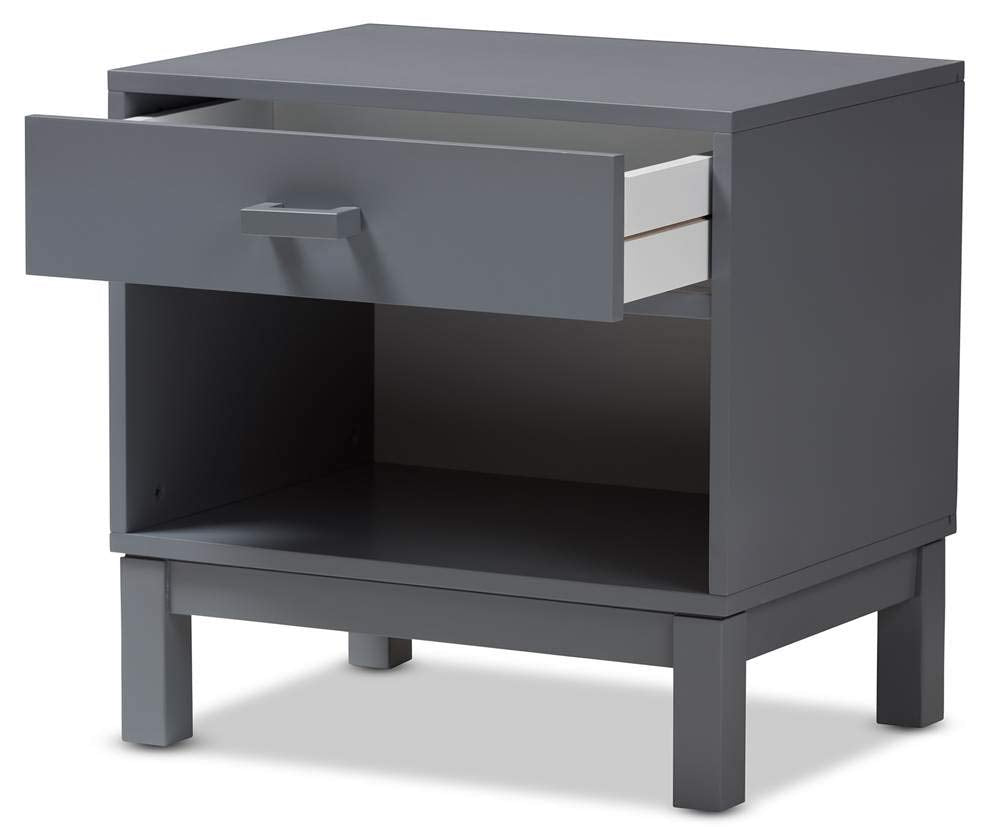 Baxton Studio Deirdre Modern and Contemporary Grey Wood 1-Drawer Nightstand Grey//Light Wood/Contemporary/Rubber Wood/MDF