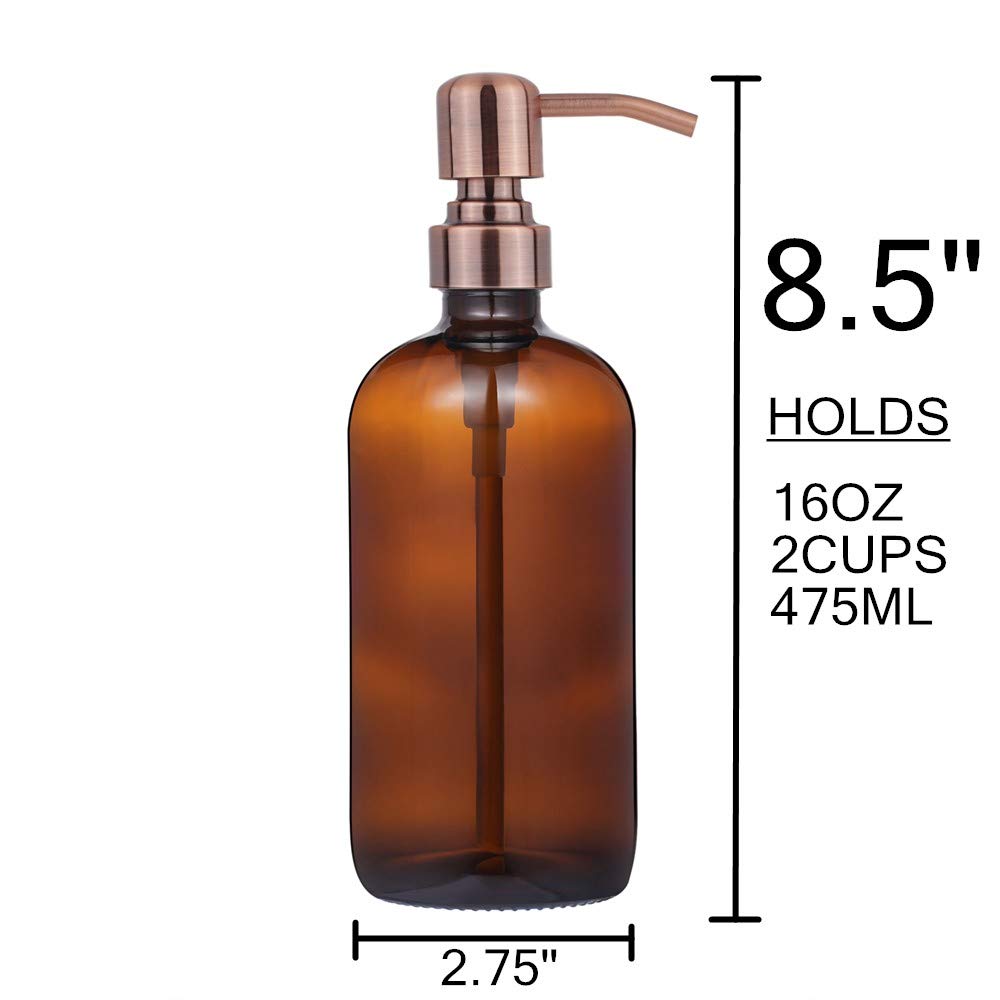 2 Pack Thick Amber Glass Pint Jar Soap Dispenser With Copper Stainless Steel Pump, 16Ounce Boston Round Bottles Dispenser With R