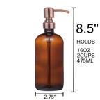 2 Pack Thick Amber Glass Pint Jar Soap Dispenser With Copper Stainless Steel Pump, 16Ounce Boston Round Bottles Dispenser With R