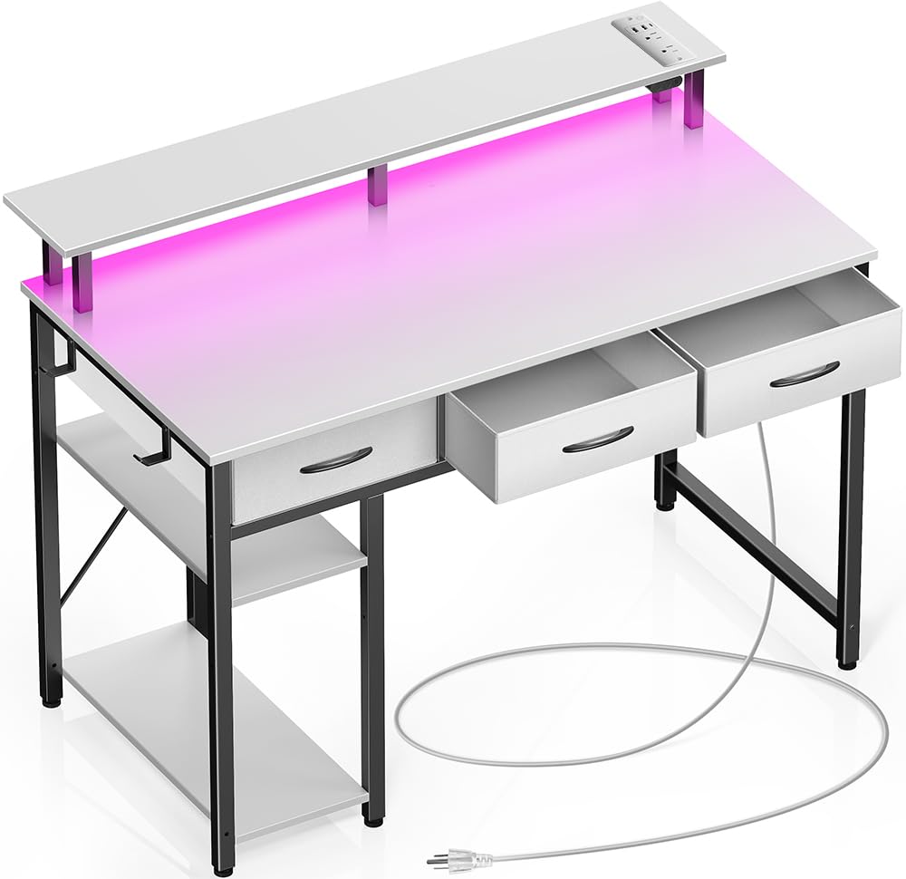Rolanstar Computer Desk With Power Outlets & Led Light, 39 Inch Home Office Desk With 3 Drawers And Storage Shelves, Writing Desk With Monitor Stand, Work Desk For Home Office,White