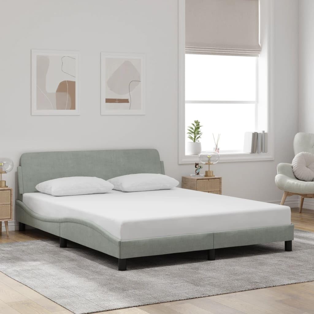 vidaXL Velvet Double Bed Frame - Light Gray 59.8&quot;x79.9&quot;, Contemporary Waved Design with Plywood Slats & Sturdy Legs, No Mattress