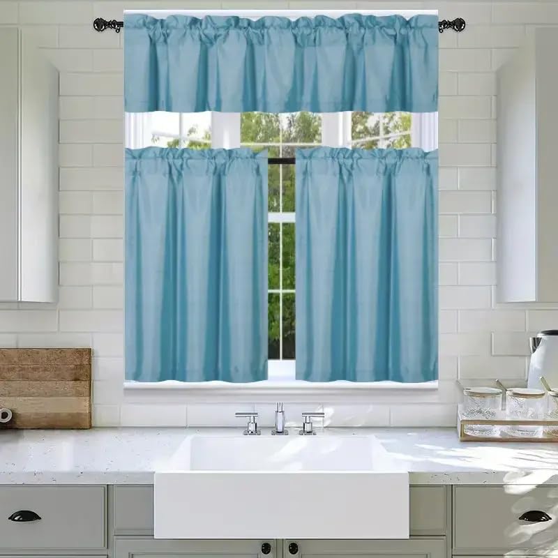 3Pc Set Solid Faux Silk Lined Blackout Rod Pocket Small Kitchen Window Curtain with Valance (K3) (Light Blue)