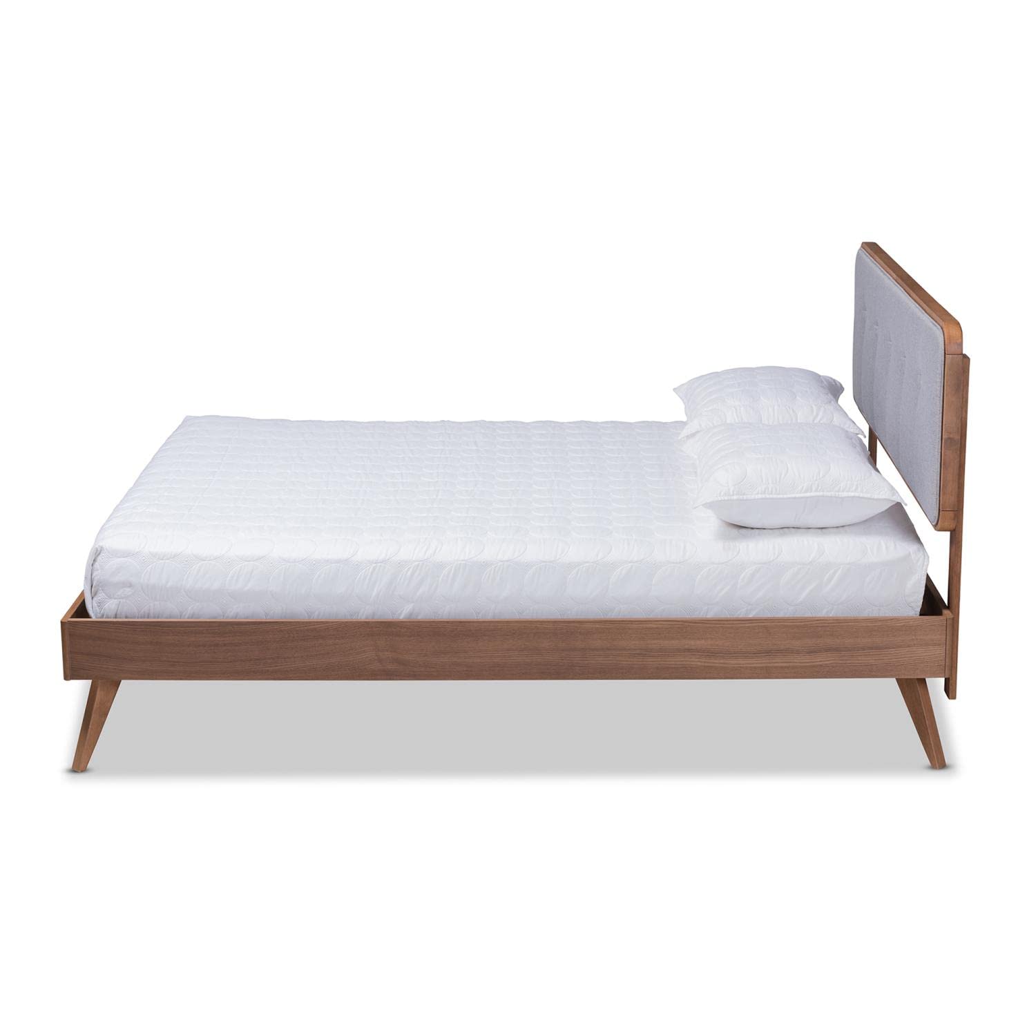 Baxton Studio Dilara Mid-Century Modern Light Grey Fabric Upholstered Walnut Brown Finished Wood King Size Platform Bed