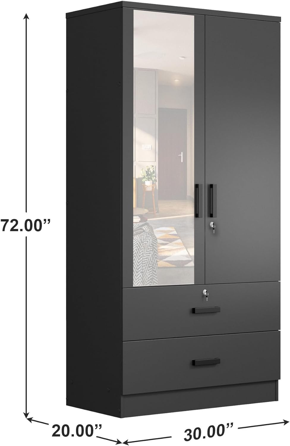 Woodpeckers Furniture And Mattress Mirrored Wardrobe with Drawers (Black)