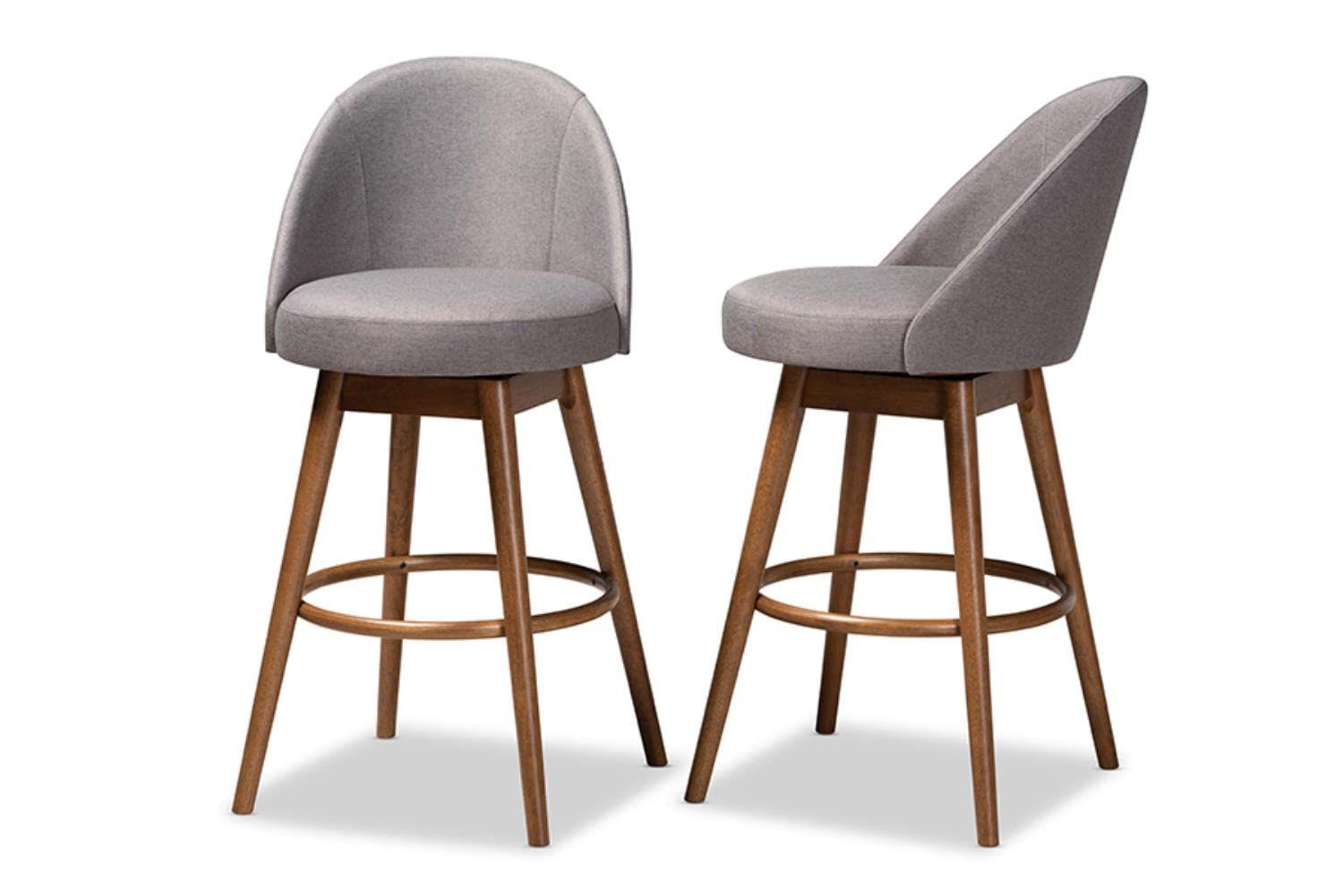 Baxton Studio Carra Mid-Century Modern Grey Fabric Upholstered Walnut-Finished Wood Swivel Bar Stool (Set of 2)