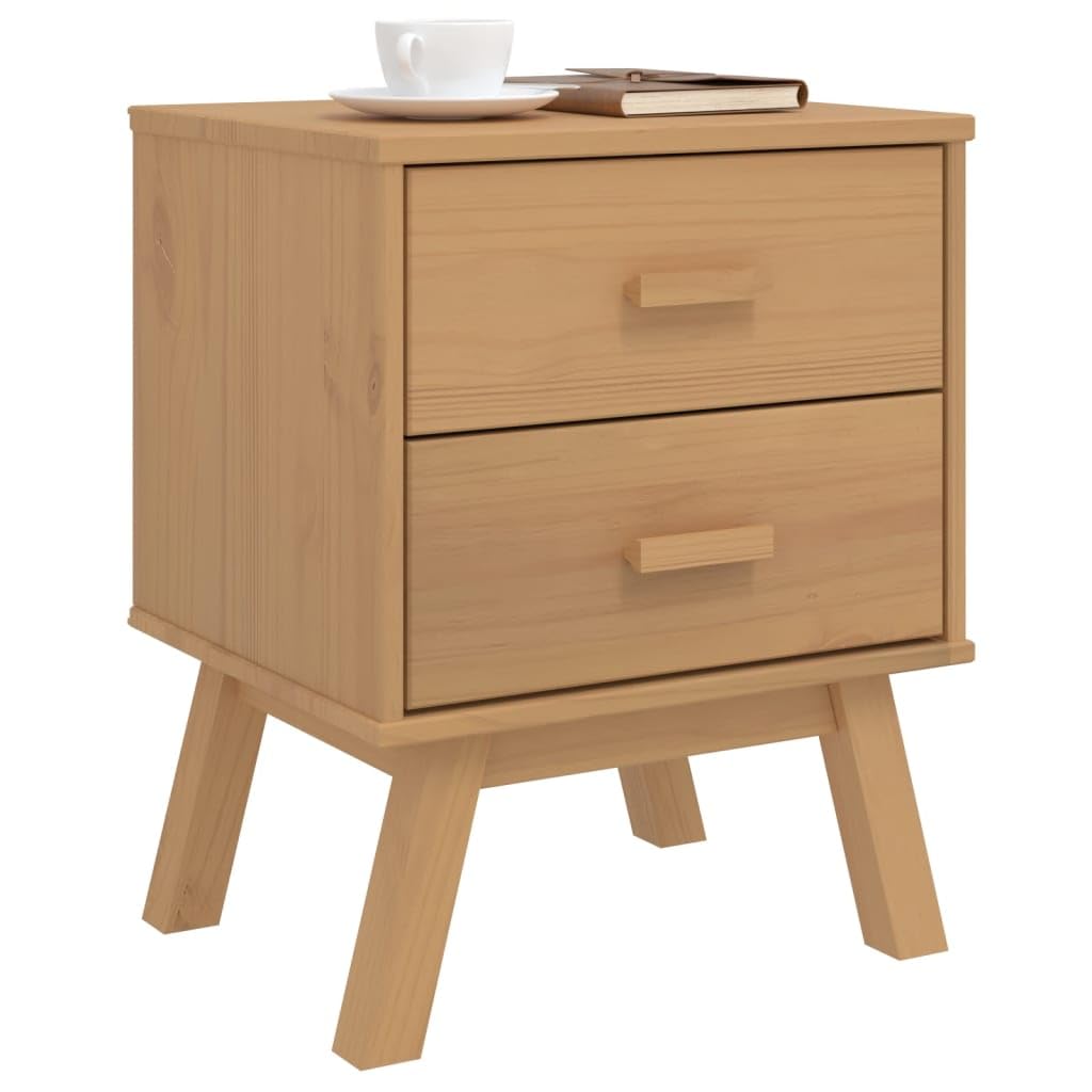 vidaXL Olden Brown Solid Pine Wood Bedside Cabinet - Scandinavian Nightstand with 2 Drawers and Wooden Feet for Bedroom/Lounge