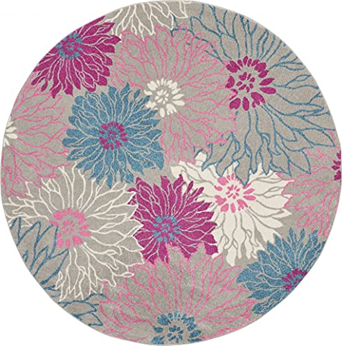 HomeRoots Grey 100% Polypropylene 8’ Round Gray and Pink Tropical Flower Area Rug