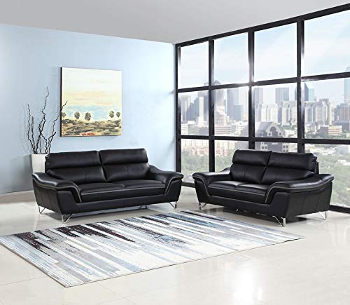 HomeRoots Set of Modern Black Leather Sofa and Loveseat