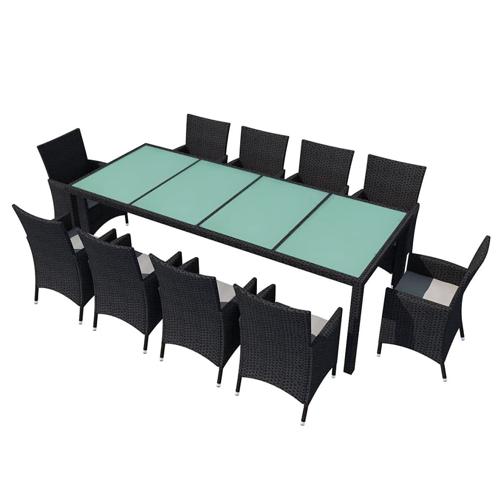 vidaXL Patio Furniture Set 11 Piece, Dining Table Set with Glass Tabletop, Rattan Chairs with Cushions and Steel Legs, Outdoor Furniture Set, Poly Rattan Black