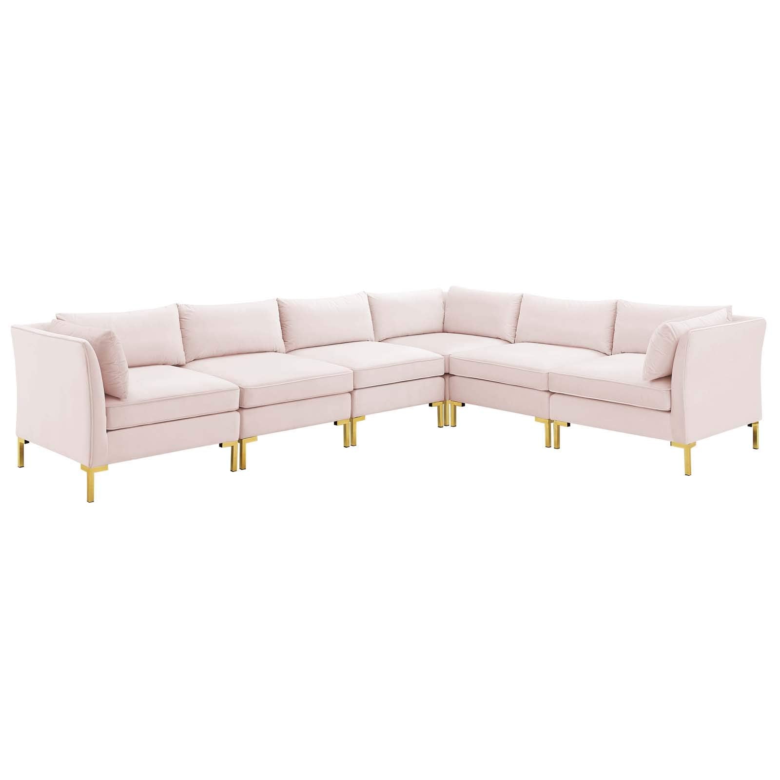 Modway Ardent Performance Velvet Sectional Sofa, 6 Piece L-Shape, Pink